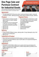 One page sale and purchase contract for industrial goods presentation report infographic ppt pdf document