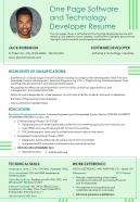 One page software and technology developer resume presentation report infographic ppt pdf document