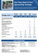 One page sports event sponsorship package presentation report infographic ppt pdf document