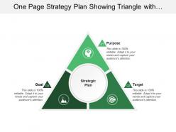 One page strategy plan showing triangle with purpose target and goal