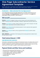One page subcontractor service agreement template presentation report infographic ppt pdf document