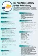 One page summary for non profit industry presentation report infographic ppt pdf document