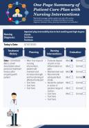 One page summary of patient care plan with nursing interventions presentation report infographic ppt pdf document