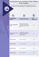 One Page Sustainability Issues And Main Activities Related To The Company Report Infographic PPT PDF Document
