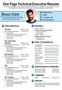 One page technical executive resume presentation report infographic ppt pdf document