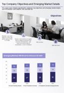 One page top company objectives and emerging market details presentation report infographic ppt pdf document