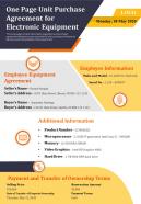 One page unit purchase agreement for electronic equipment presentation report infographic ppt pdf document