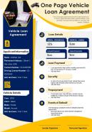 One page vehicle loan agreement presentation report infographic ppt pdf document