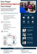One pager advertising agency fact sheet presentation report infographic ppt pdf document