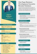 One Pager Business Development Executive Resume Summary Presentation Report Infographic Ppt Pdf Document