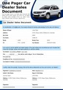 One Pager Car Dealer Sales Document Presentation Report PPT PDF Document