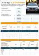 One Pager Car Sell Sheet Presentation Report Infographic PPT PDF Document