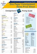 One Pager Consignment Sales Price Sheet Presentation Report Infographic PPT PDF Document