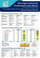 One pager contractor performance data sheets presentation report infographic ppt pdf document