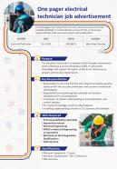 One Pager Electrical Technician Job Advertisement Presentation Report Infographic PPT PDF Document