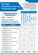 One pager entrepreneur time log productivity sheet presentation report infographic ppt pdf document