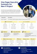 One Pager Executive Summary For New IT Project Presentation Report Infographic PPT PDF Document