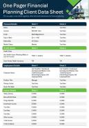 One pager financial planning client data sheet presentation report infographic ppt pdf document