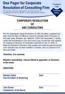 One pager for corporate resolution of consulting firm presentation report infographic ppt pdf document