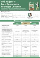One Pager For Event Sponsorship Packages Checklist Presentation Report Infographic Ppt Pdf Document