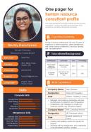 One Pager For Human Resource Consultant Profile Presentation Report Infographic PPT PDF Document