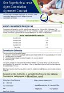 One pager for insurance agent commission agreement contract presentation report ppt pdf document