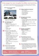 One Pager For New Hospital Facilities And Services Presentation Report Infographic Ppt Pdf Document