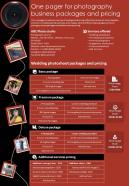 One Pager For Photography Business Packages And Pricing Presentation Report Infographic Ppt Pdf Document