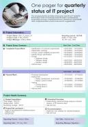 One Pager For Quarterly Status Of IT Project Presentation Report Infographic Ppt Pdf Document