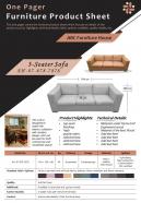 One Pager Furniture Product Sheet Presentation Report Infographic PPT PDF Document