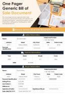 One pager generic bill of sale document presentation report infographic ppt pdf document