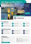 One pager landing page of construction firm presentation report infographic ppt pdf document