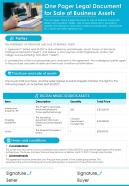 One pager legal document for sale of business assets report ppt pdf document