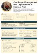 One Pager Management And Organization In Business Plan Presentation Report Infographic PPT PDF Document