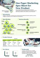 One pager marketing spec sheet for new product presentation report infographic ppt pdf document