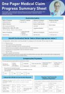 One Pager Medical Claim Progress Summary Sheet Presentation Report Infographic Ppt Pdf Document