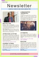 One Pager Monthly School Guide Newsletter Template Presentation Report Infographic PPT PDF Document