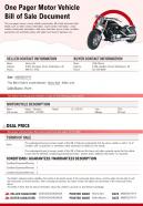 One Pager Motor Vehicle Bill Of Sale Document Presentation Report Infographic Ppt Pdf Document