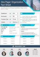 One pager organization fact sheet template presentation report infographic ppt pdf document