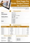 One pager pre order product sheet for customers presentation report infographic ppt pdf document