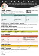 One pager product compliance data sheet presentation report infographic ppt pdf document