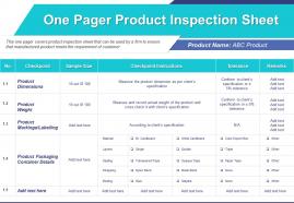 One pager product inspection sheet presentation report infographic ppt pdf document