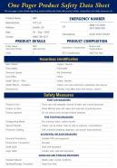 One pager product safety data sheet presentation report infographic ppt pdf document