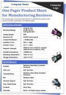 One pager product sheet for manufacturing business presentation report infographic ppt pdf document
