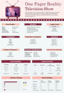 One Pager Reality Television Show Presentation Report Infographic PPT PDF Document