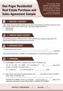 One pager residential real estate purchase and sales agreement sample report ppt pdf document