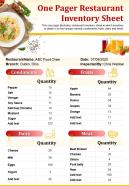 One pager restaurant inventory sheet presentation report infographic ppt pdf document