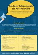 One Pager Sales Associate Job Advertisement Presentation Report Infographic PPT PDF Document