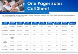 One pager sales call sheet presentation report infographic ppt pdf document