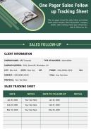 One pager sales follow up tracking sheet presentation report infographic ppt pdf document